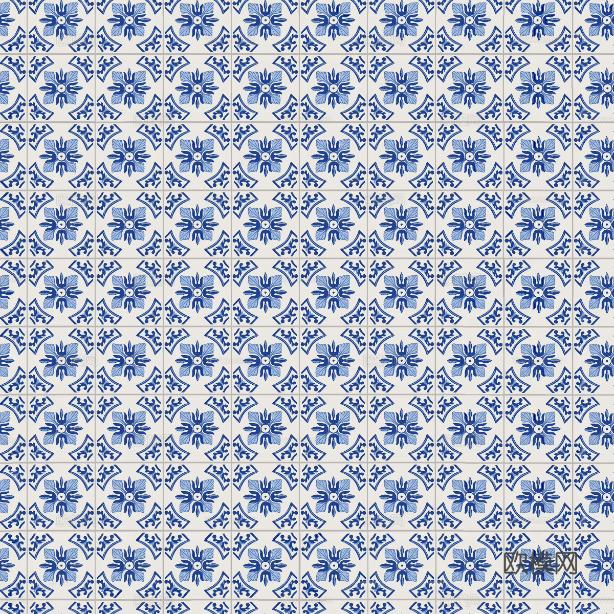 无缝蓝色青花瓷花纹花砖贴图