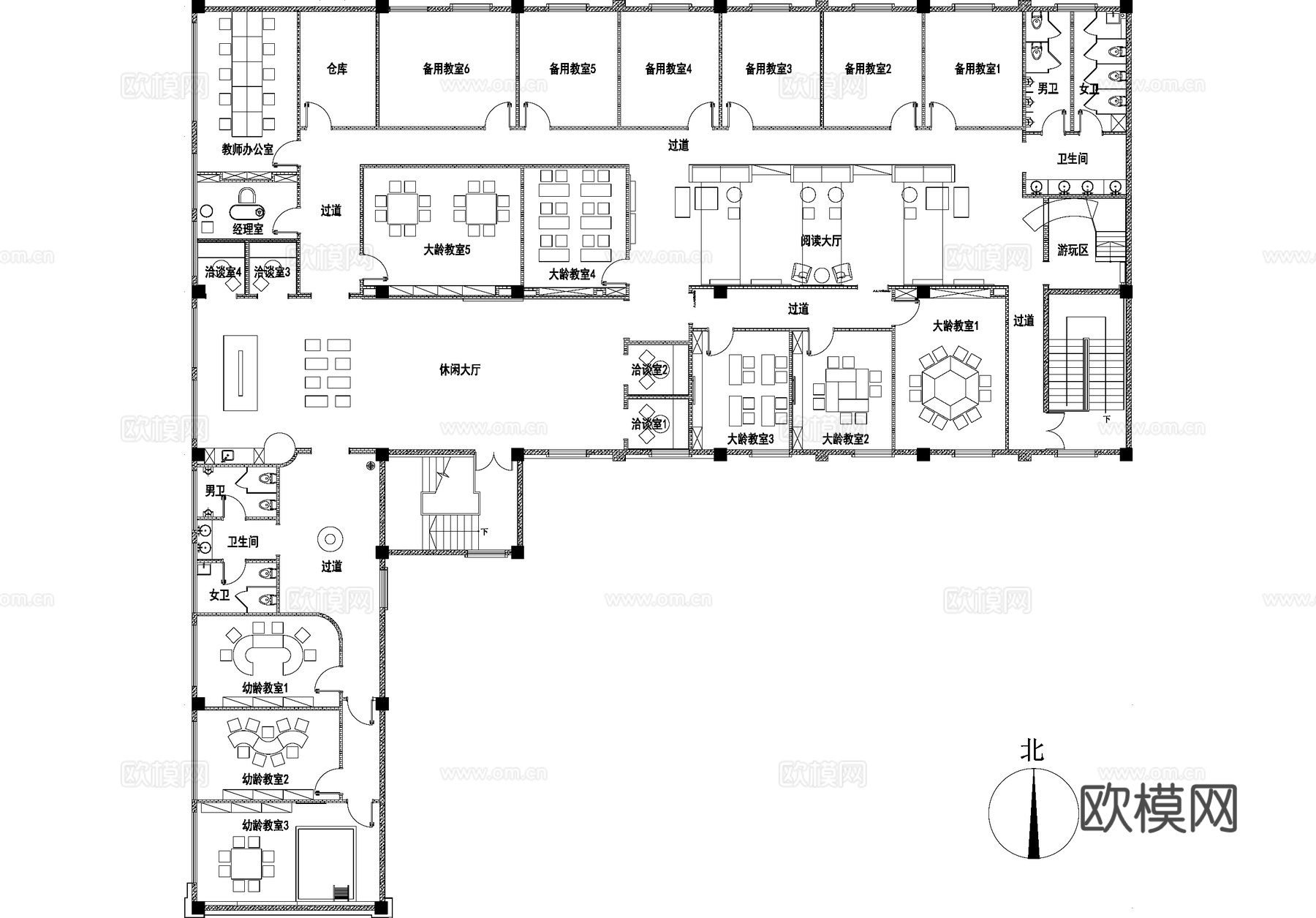 少儿教育培训机构中心幼儿学生教室平面图cad施工图