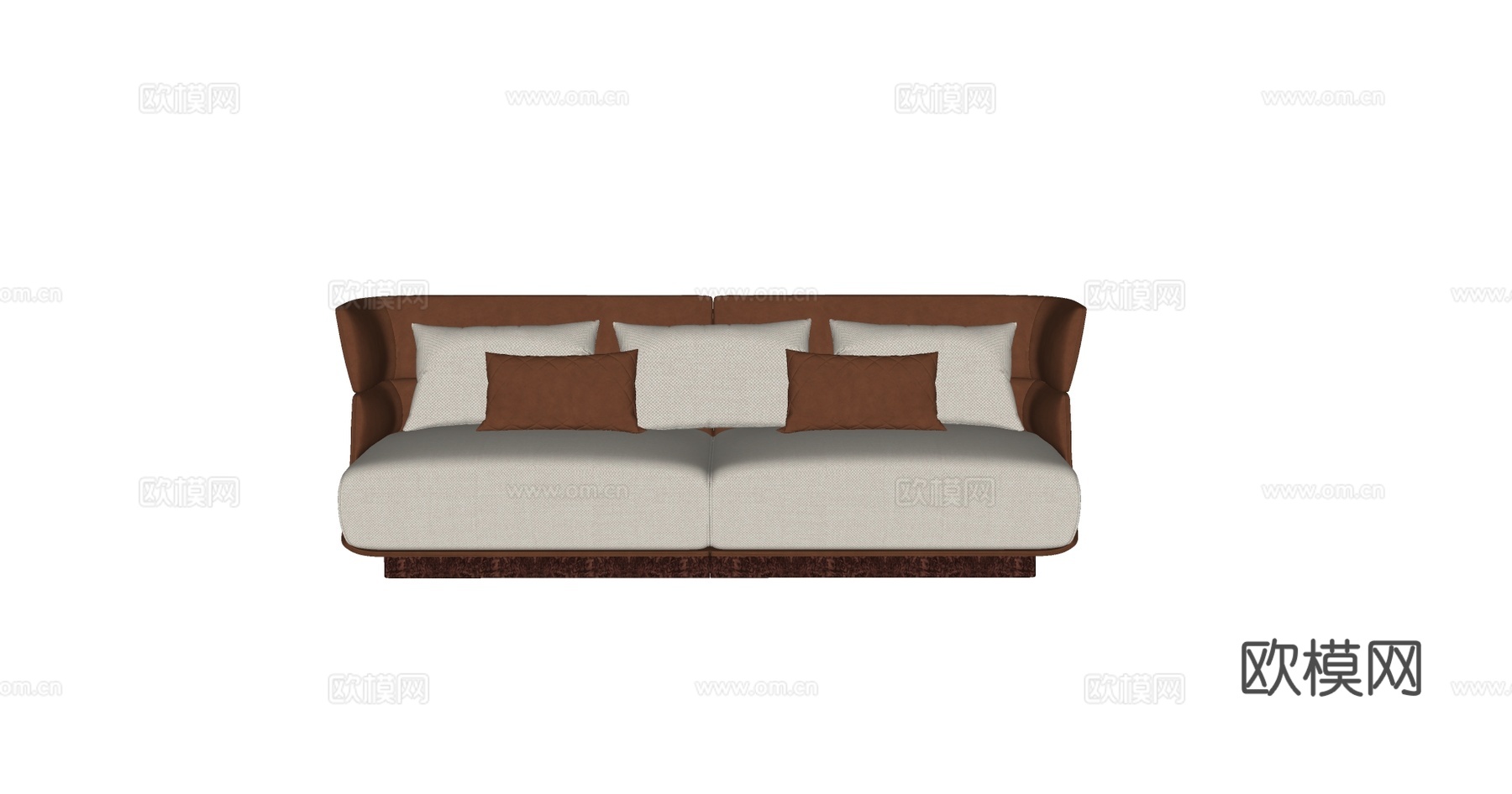 现代简约艺术双人沙发 棕色弧形扶手 米白布艺坐垫 菱形格抱枕su模型