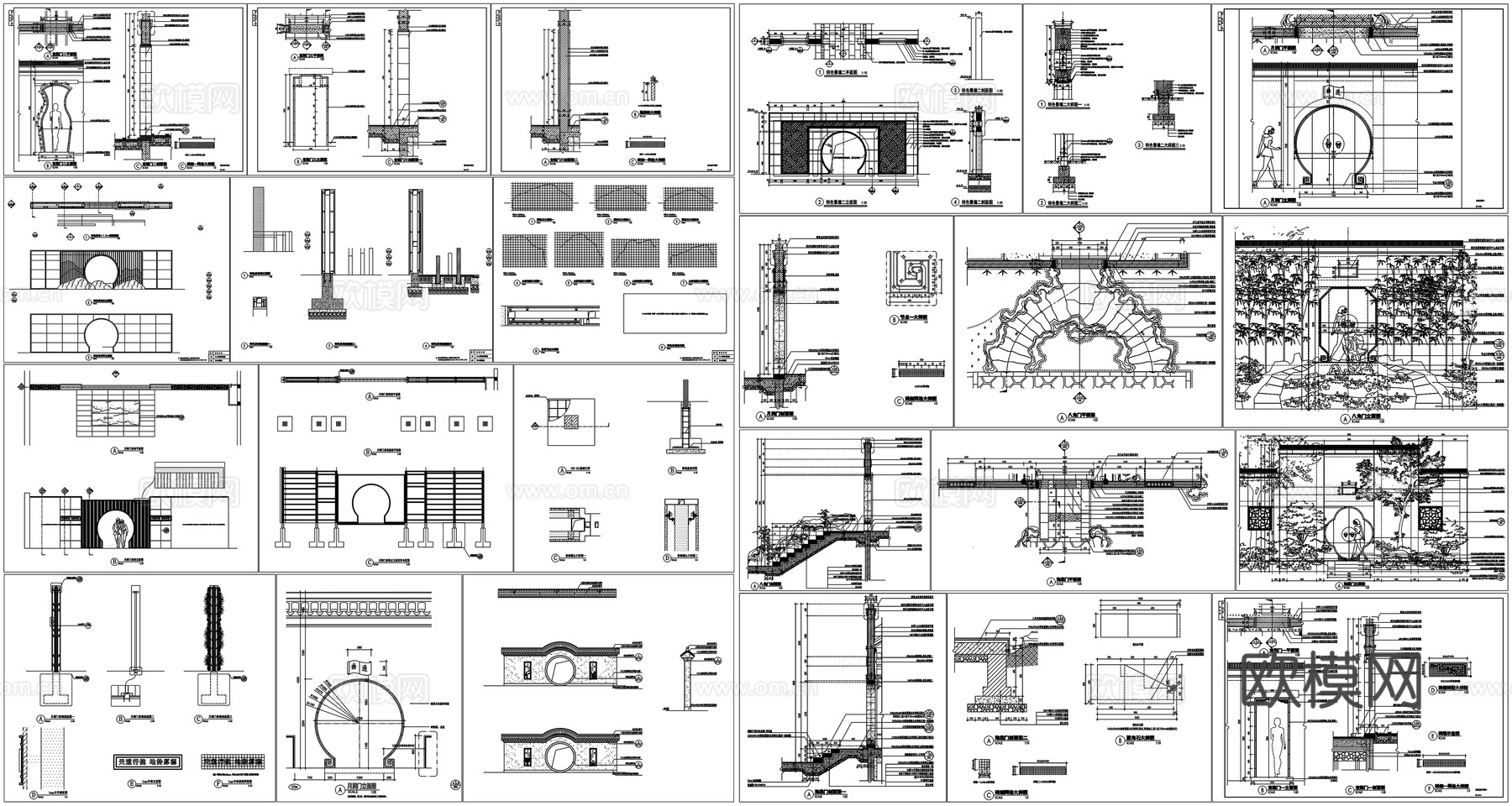 月洞门宝瓶门园林庭院景观立面图江南中式围墙详图CAD素材图库cad施工图