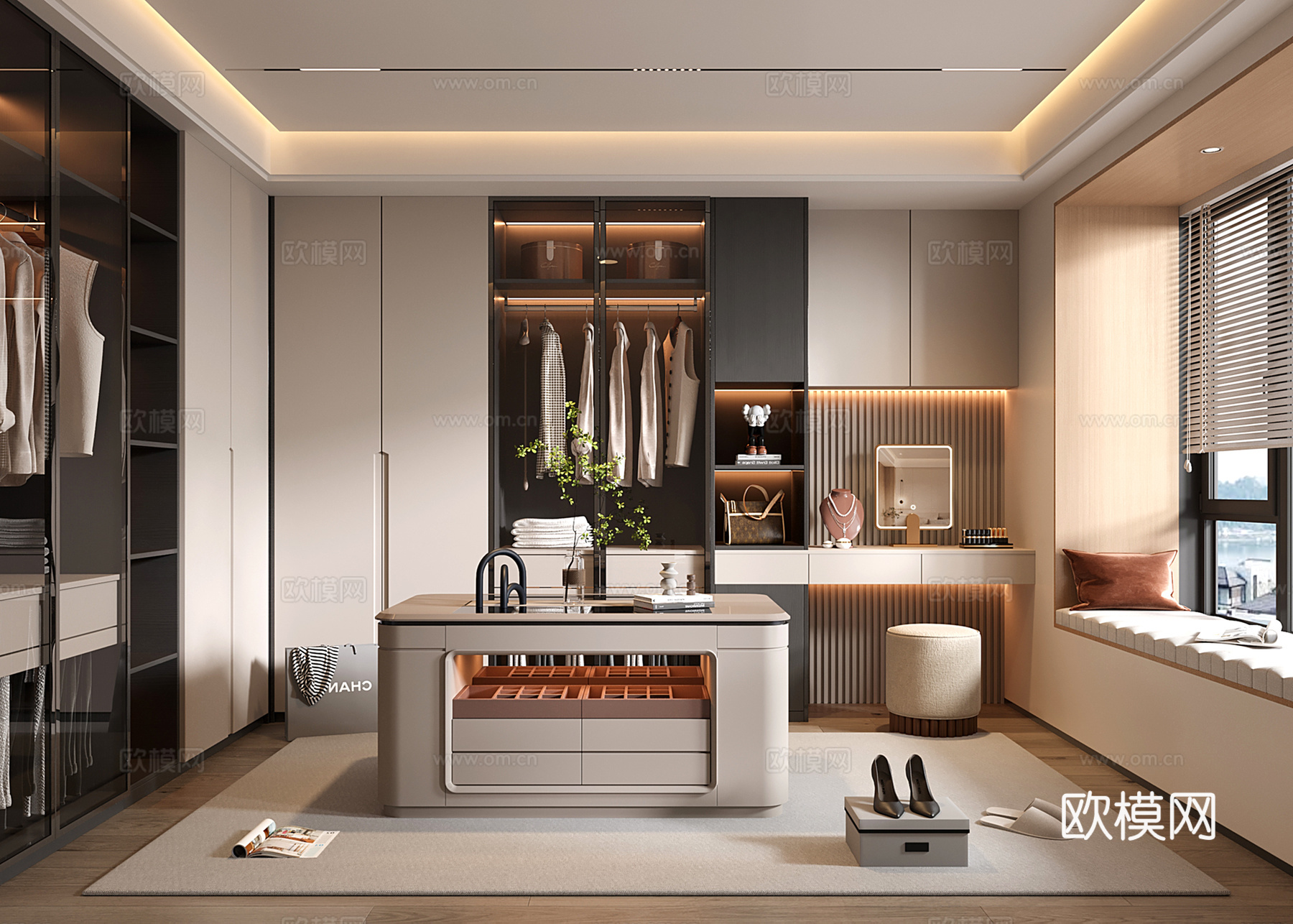 现代衣帽间 开方格 玻璃门 首饰柜 梳妆台衣柜一体su模型