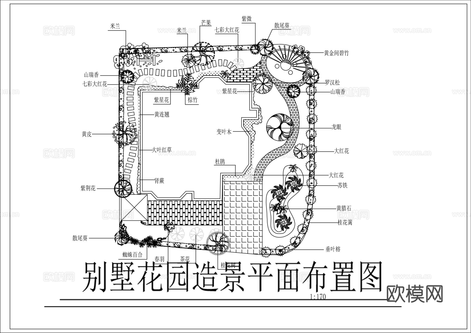 别墅花园造景平面布置图cad施工图