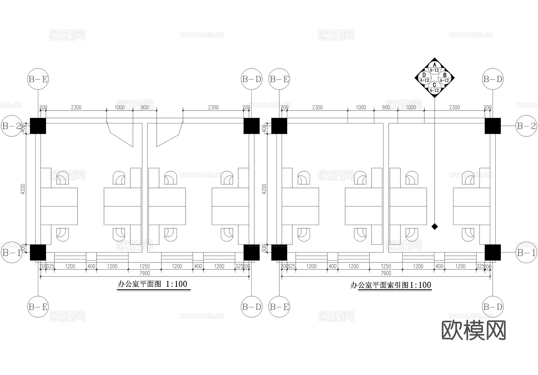 小型四人办公室cad施工图