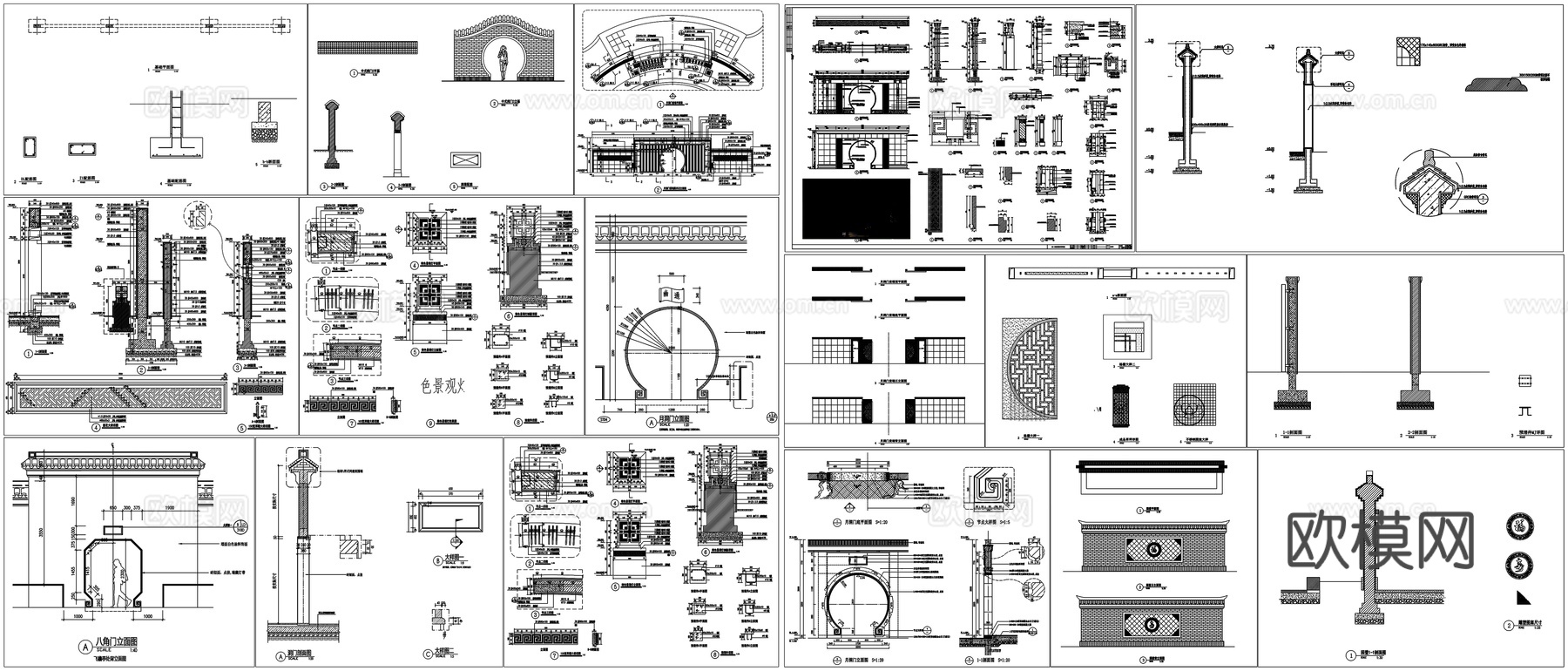 月洞门宝瓶门园林庭院景观立面图江南中式围墙详图CAD素材图库cad施工图