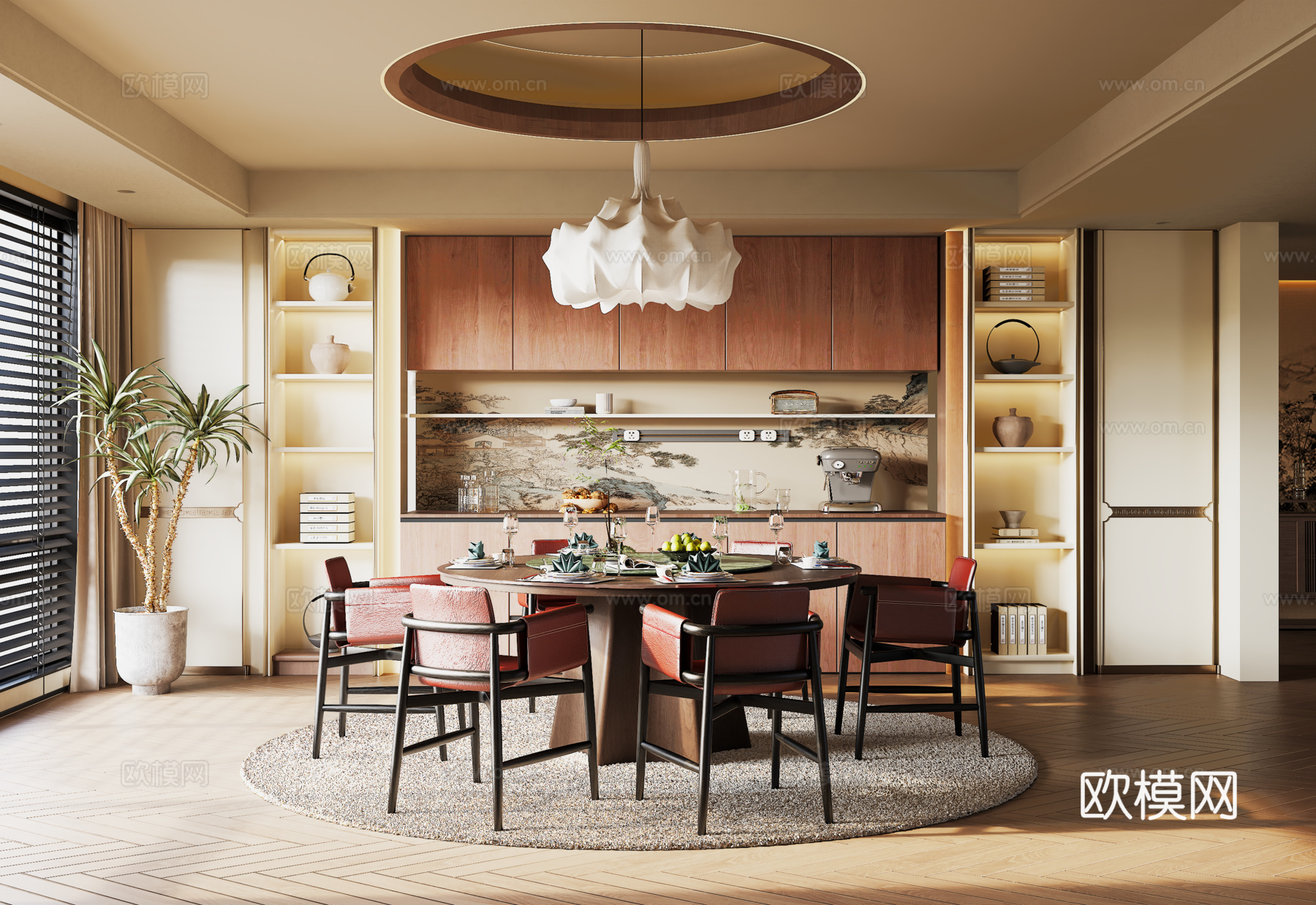宋式餐厅 新中式餐厅 圆桌餐厅 餐桌椅 餐边柜su模型