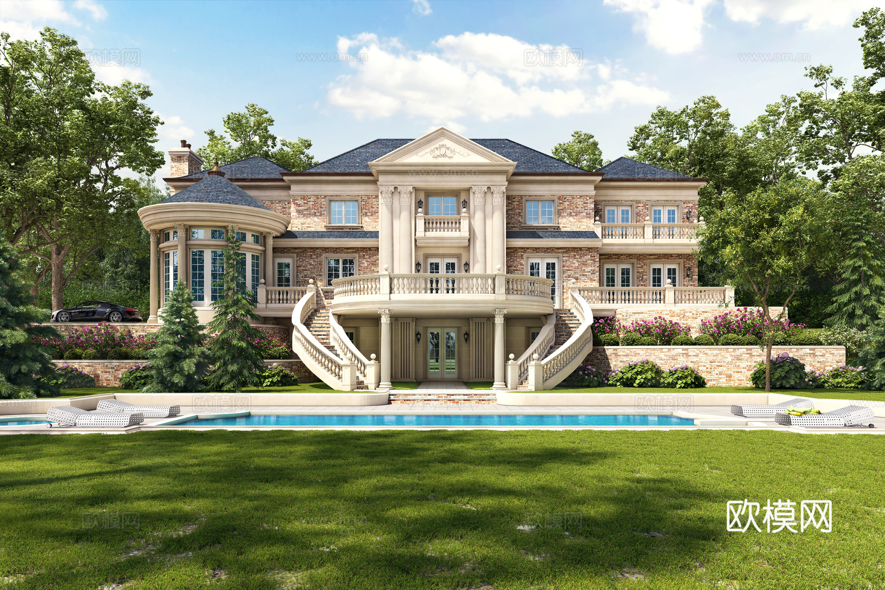 欧式别墅外观全模场景 游泳池 园林 景观3d模型下载（渲染图2）