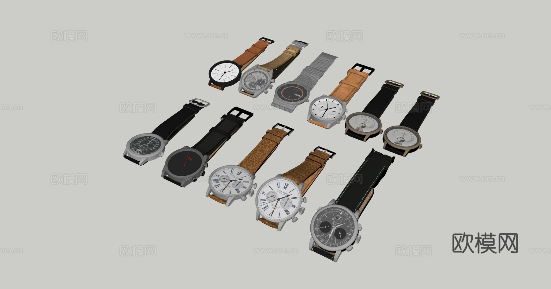 现代简约手表 银色金色表壳 皮革金属表带 珠宝UI设计配饰su模型