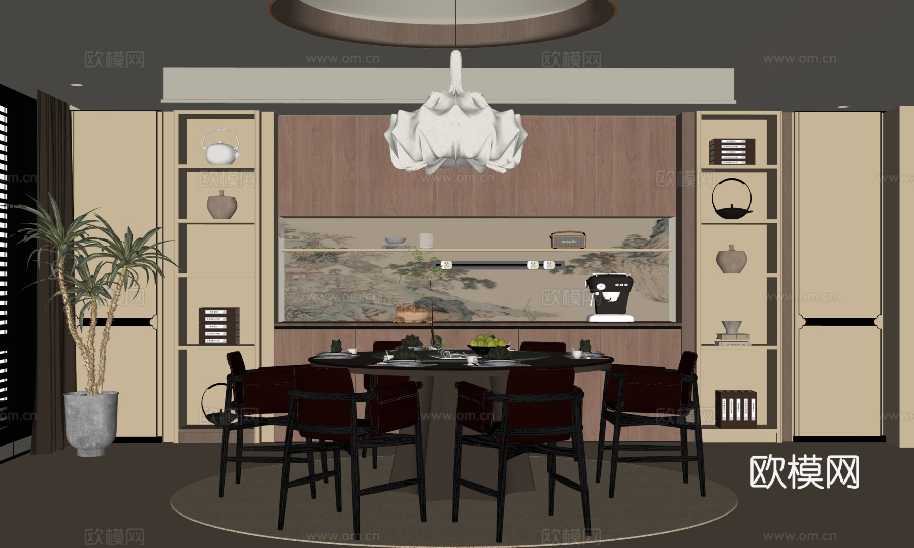 宋式餐厅 新中式餐厅 圆桌餐厅 餐桌椅 餐边柜su模型