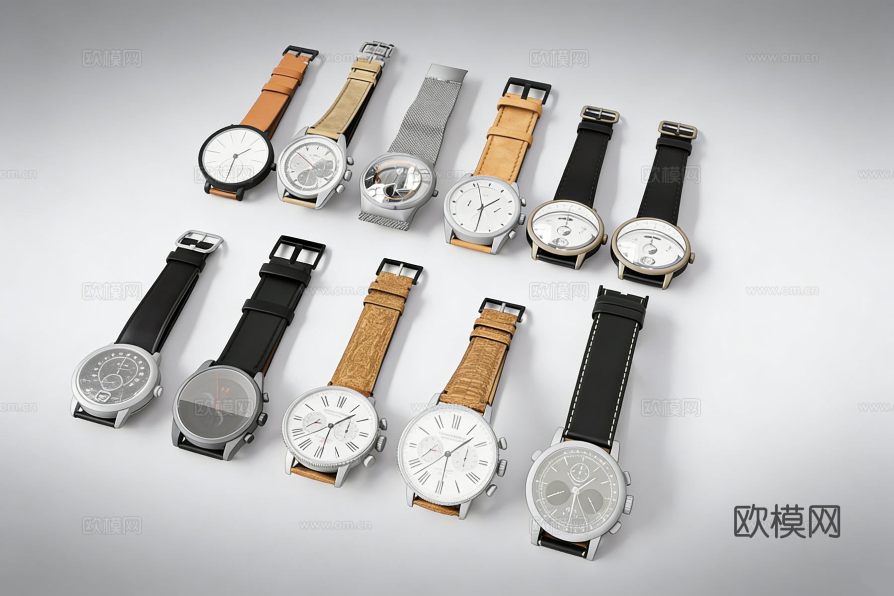 现代简约手表 银色金色表壳 皮革金属表带 珠宝UI设计配饰su模型