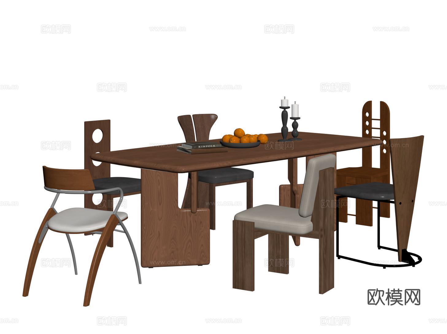 中古餐桌椅 长方形木餐桌 餐椅su模型
