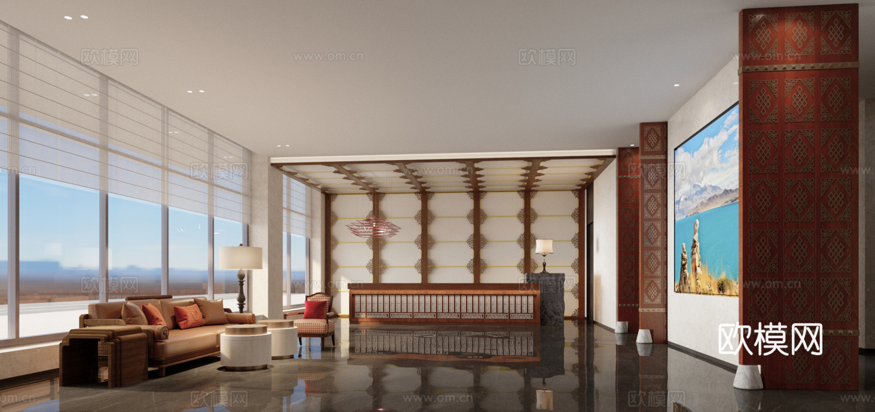 西藏酒店大堂风格3d模型下载（渲染图1）