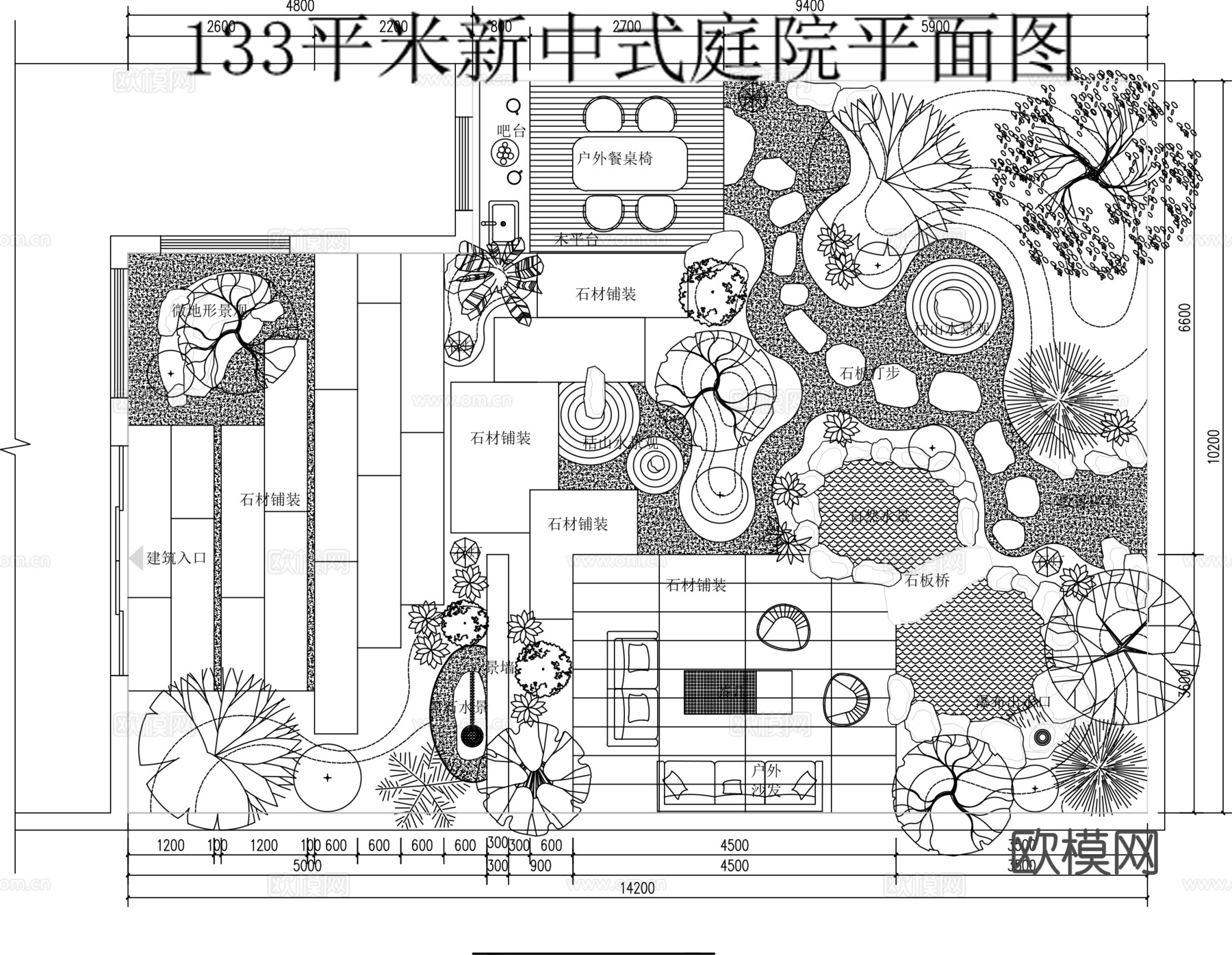 新中式庭院景观平面图cad施工图