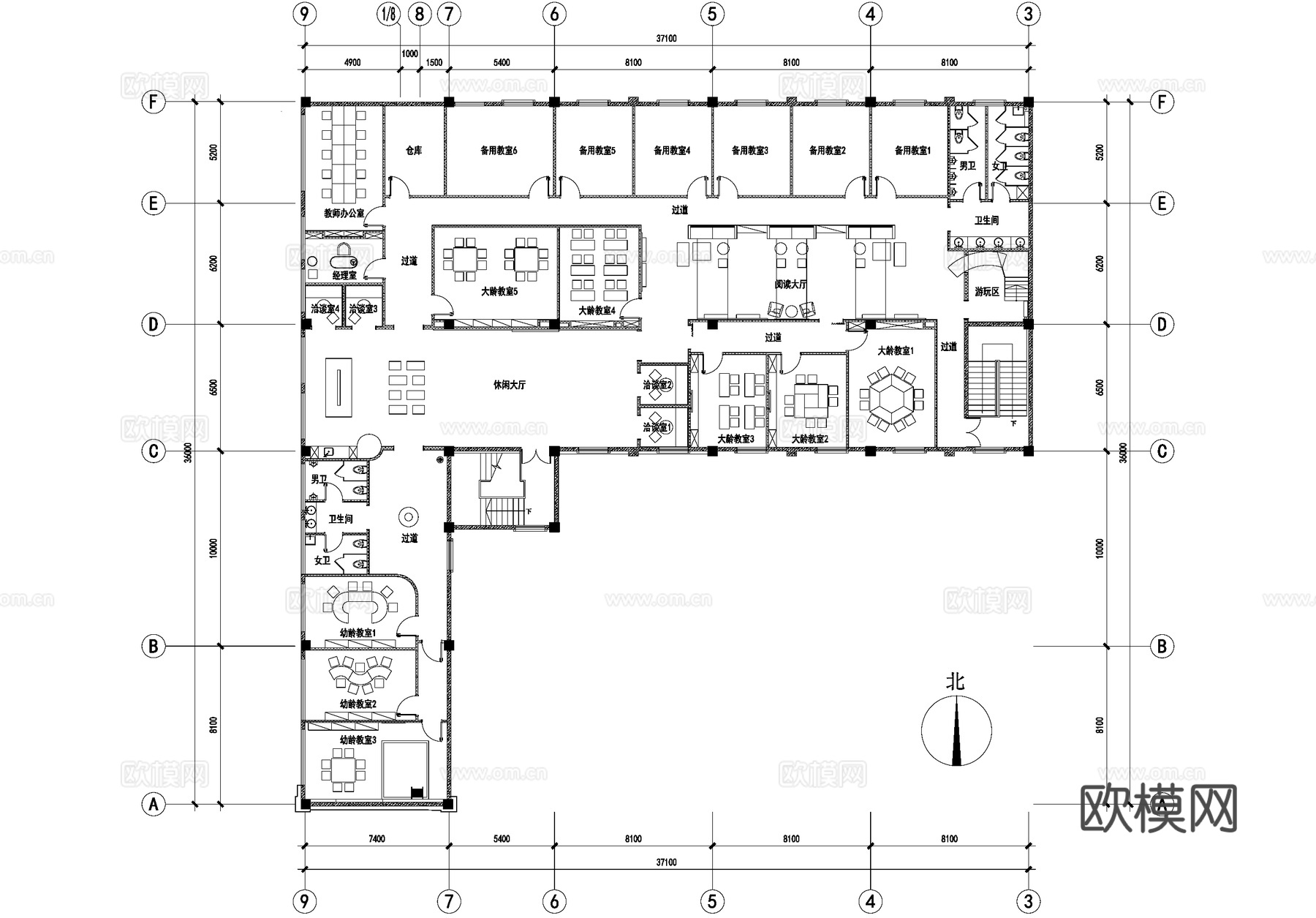 少儿教育培训机构中心幼儿学生教室平面图cad施工图