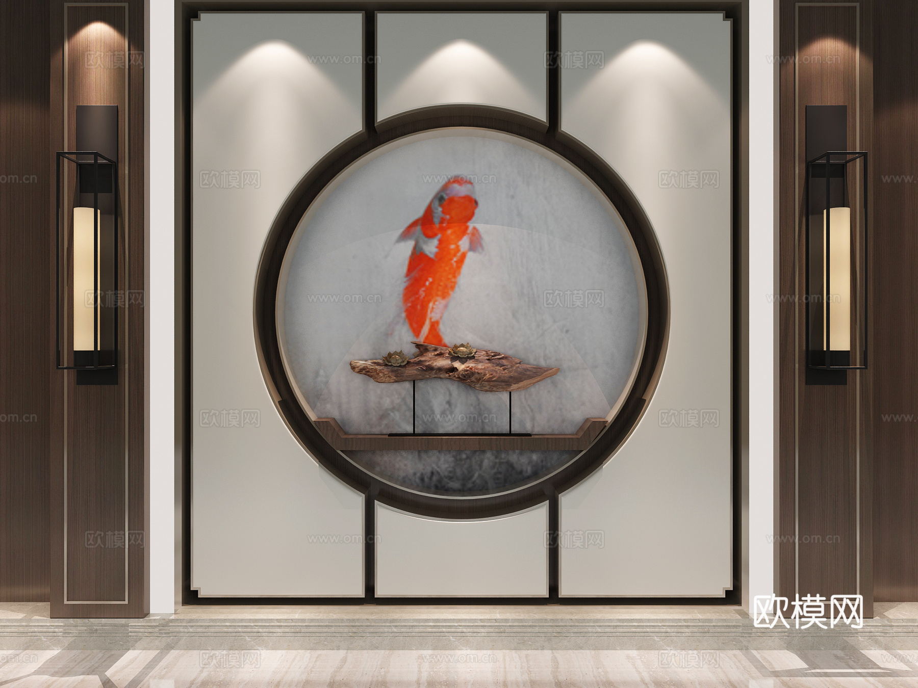 背景墙 形象墙 背景墙 壁灯 禅意背景墙 摆设品3d模型下载（渲染图2）