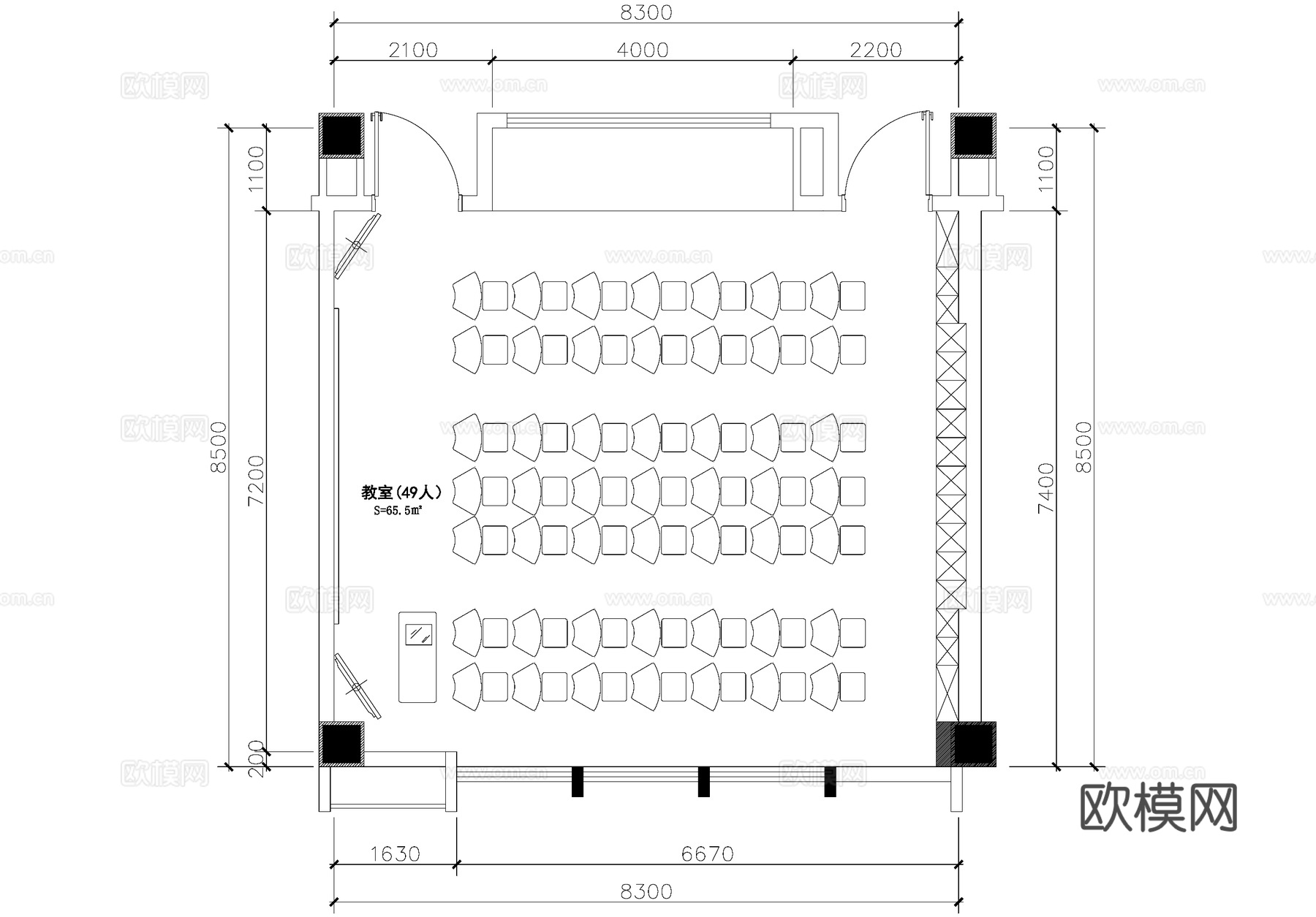 49人课堂教室平面图cad施工图