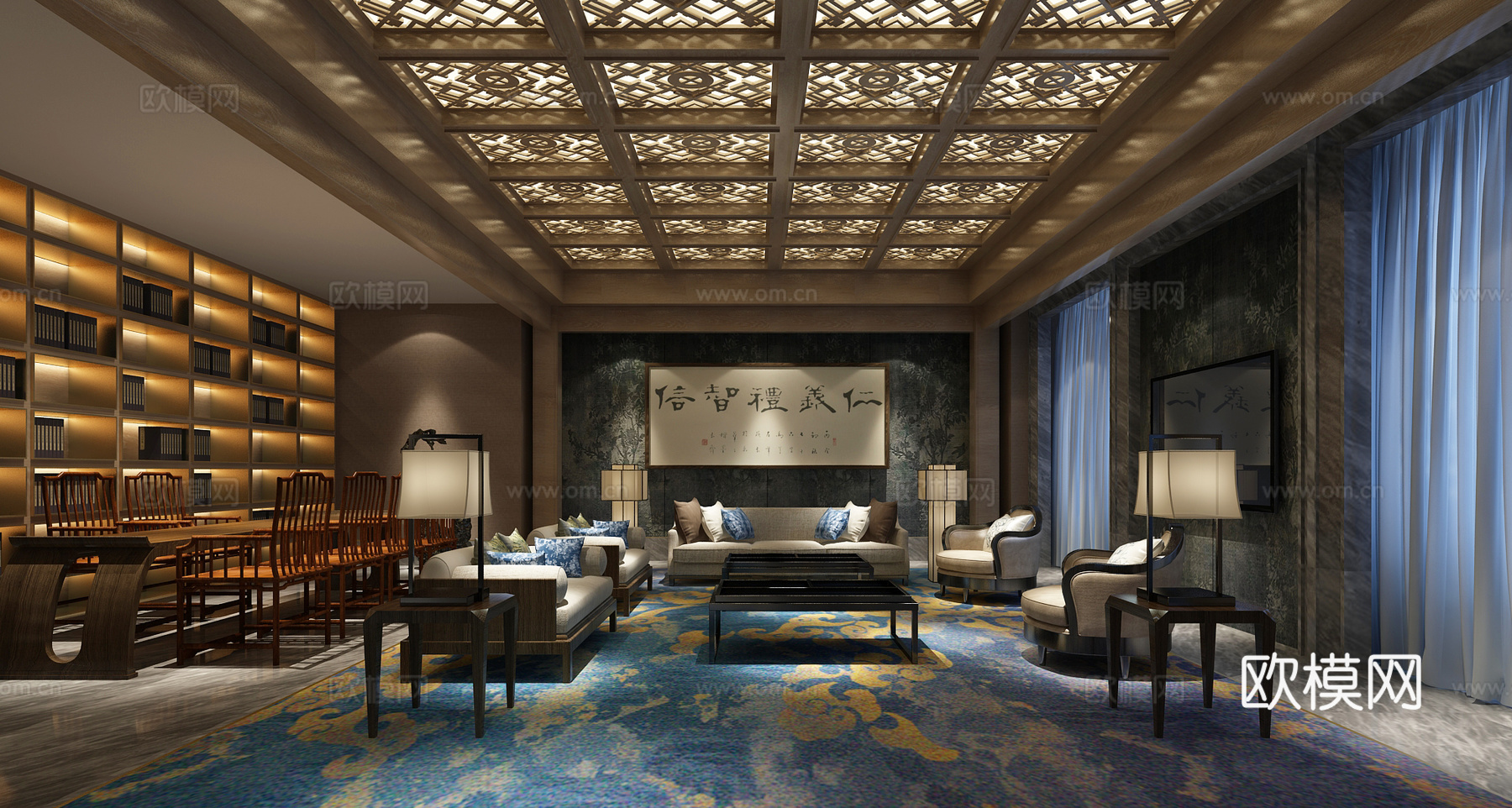 新中式休闲茶室 置物柜 书架 客厅3d模型下载（渲染图1）