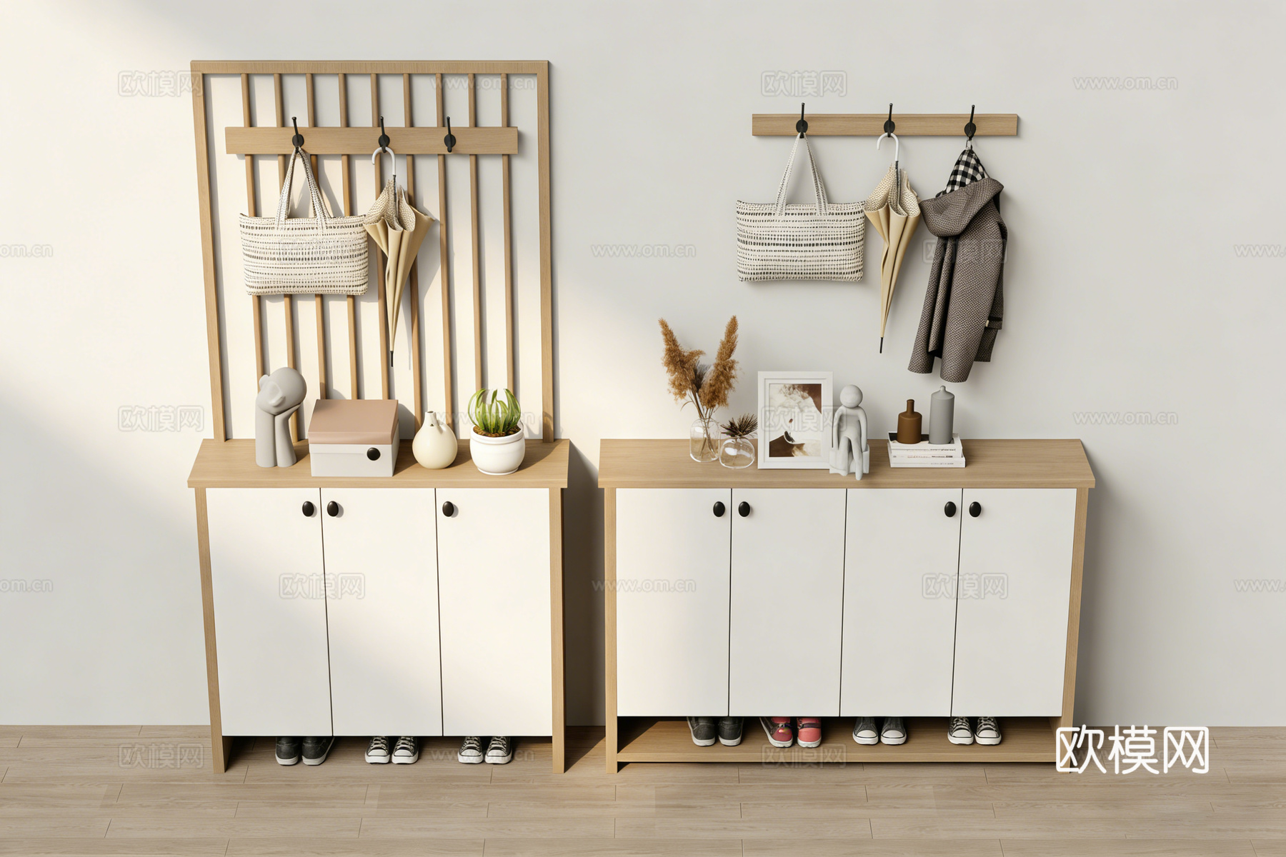 北欧风多功能玄关柜 鞋柜挂衣置物架 小户型入户收纳su模型