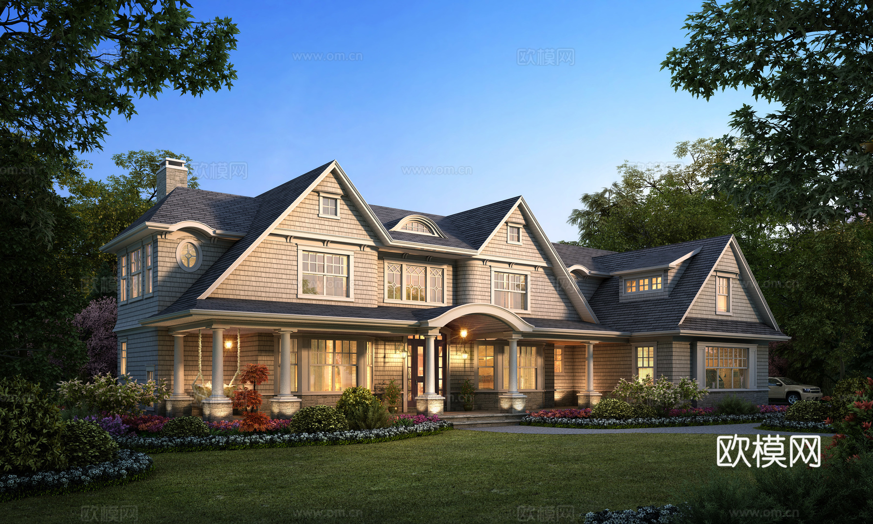 美式别墅外观全模场景3d模型下载（渲染图1）