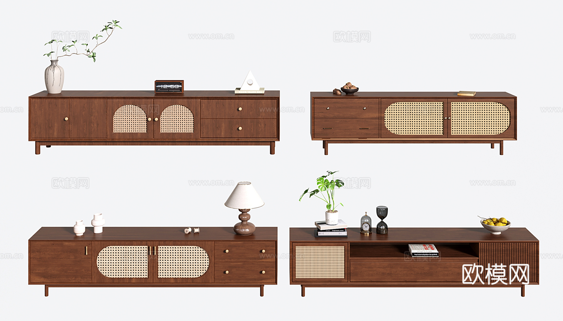 复古中古电视柜 藤编电视柜su模型