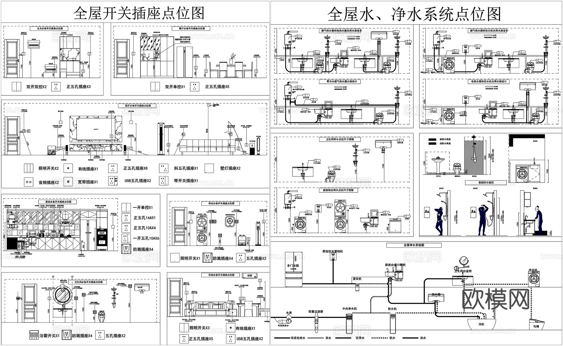全屋水系统点位灯具电器图标机电连线图开关插座水电点位CADcad施工图