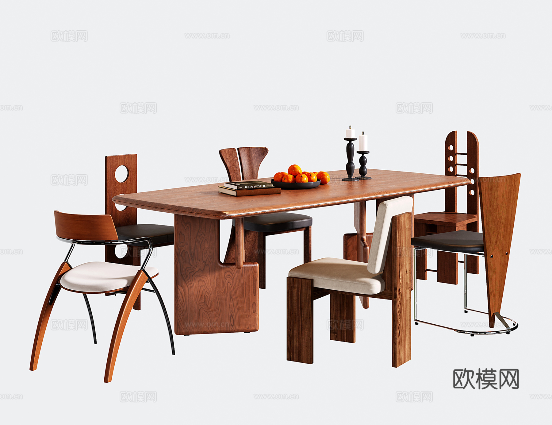中古餐桌椅 长方形木餐桌 餐椅su模型