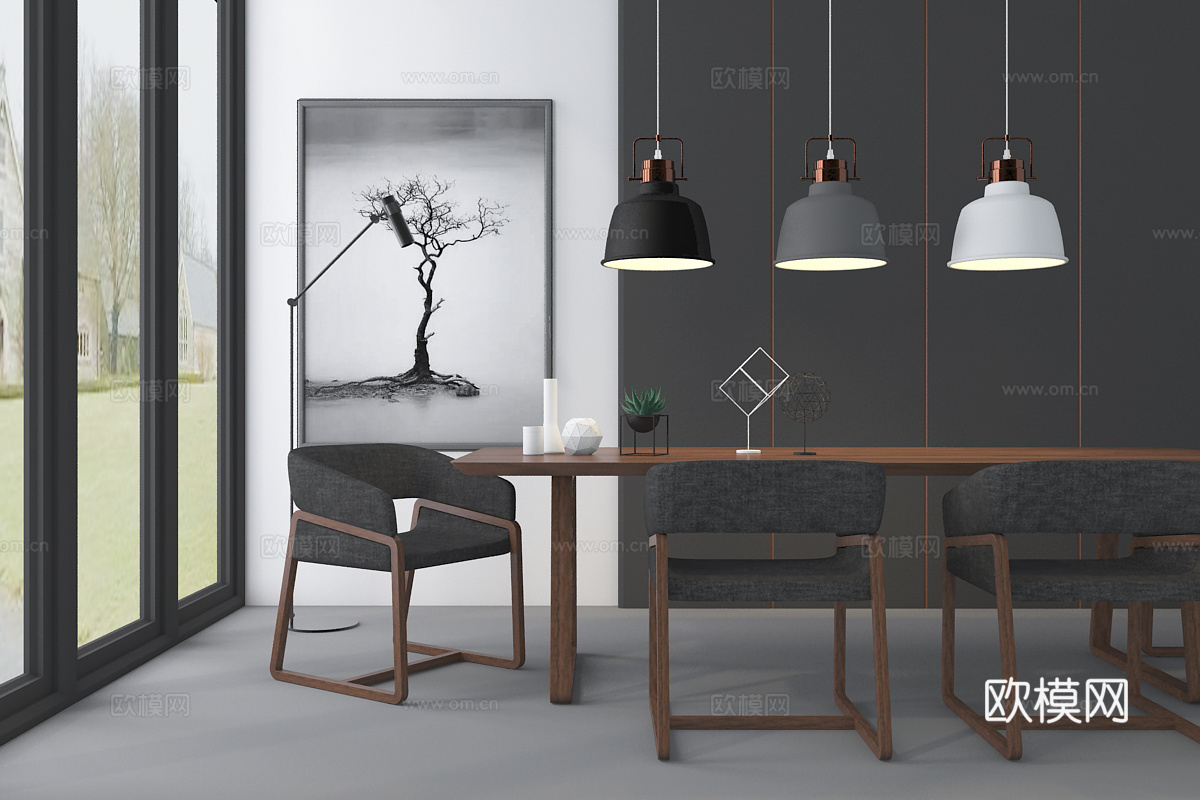 北欧餐桌 椅子 灯具 挂画 造型3d模型下载（渲染图2）
