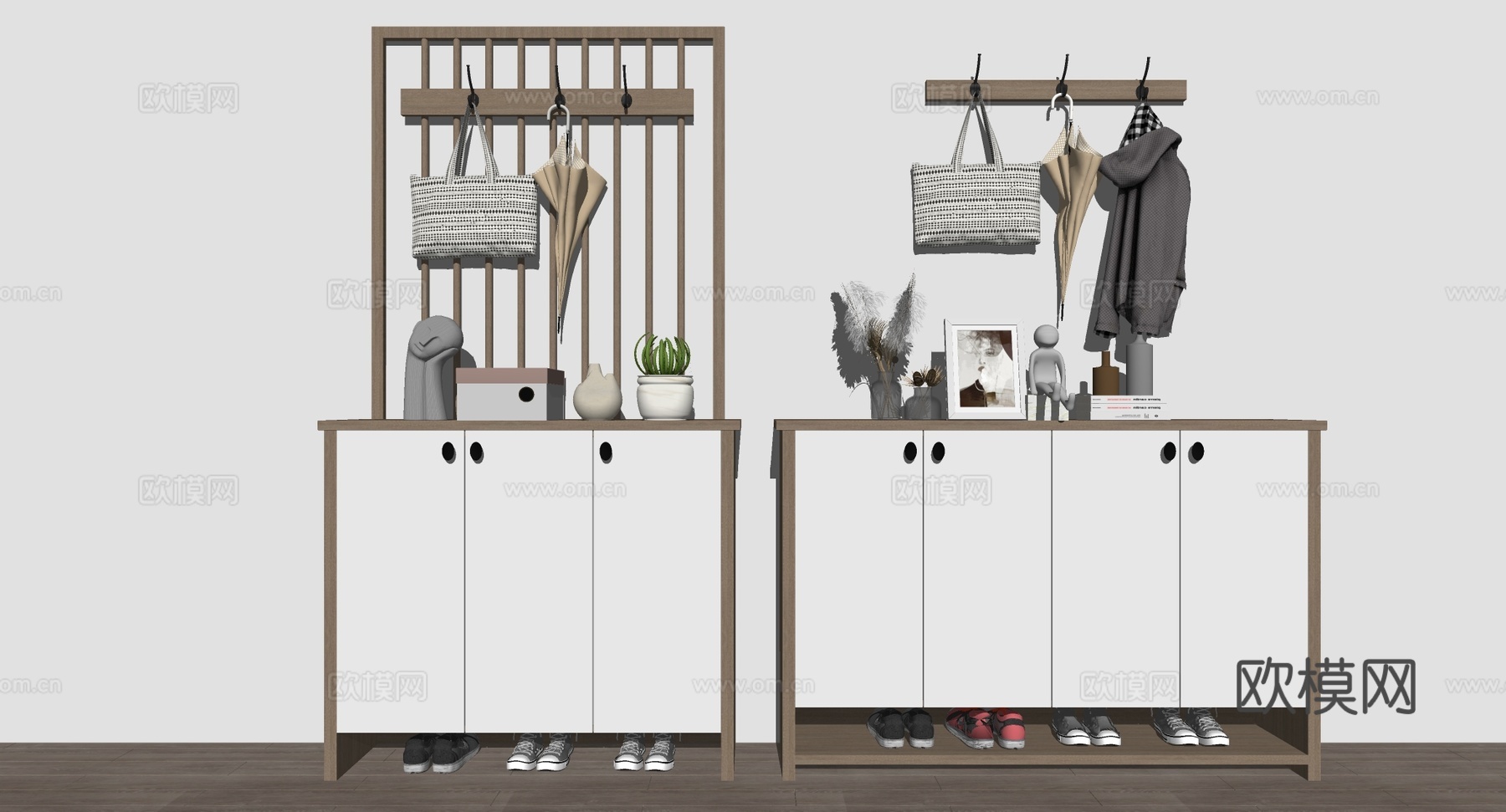 北欧风多功能玄关柜 鞋柜挂衣置物架 小户型入户收纳su模型