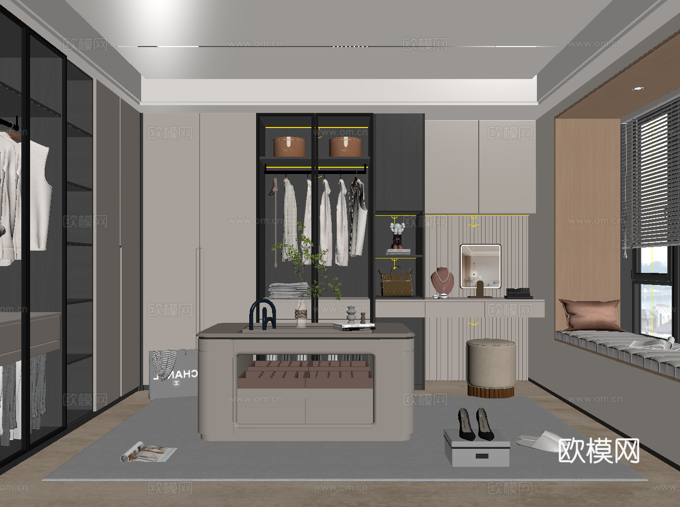 现代衣帽间 开方格 玻璃门 首饰柜 梳妆台衣柜一体su模型