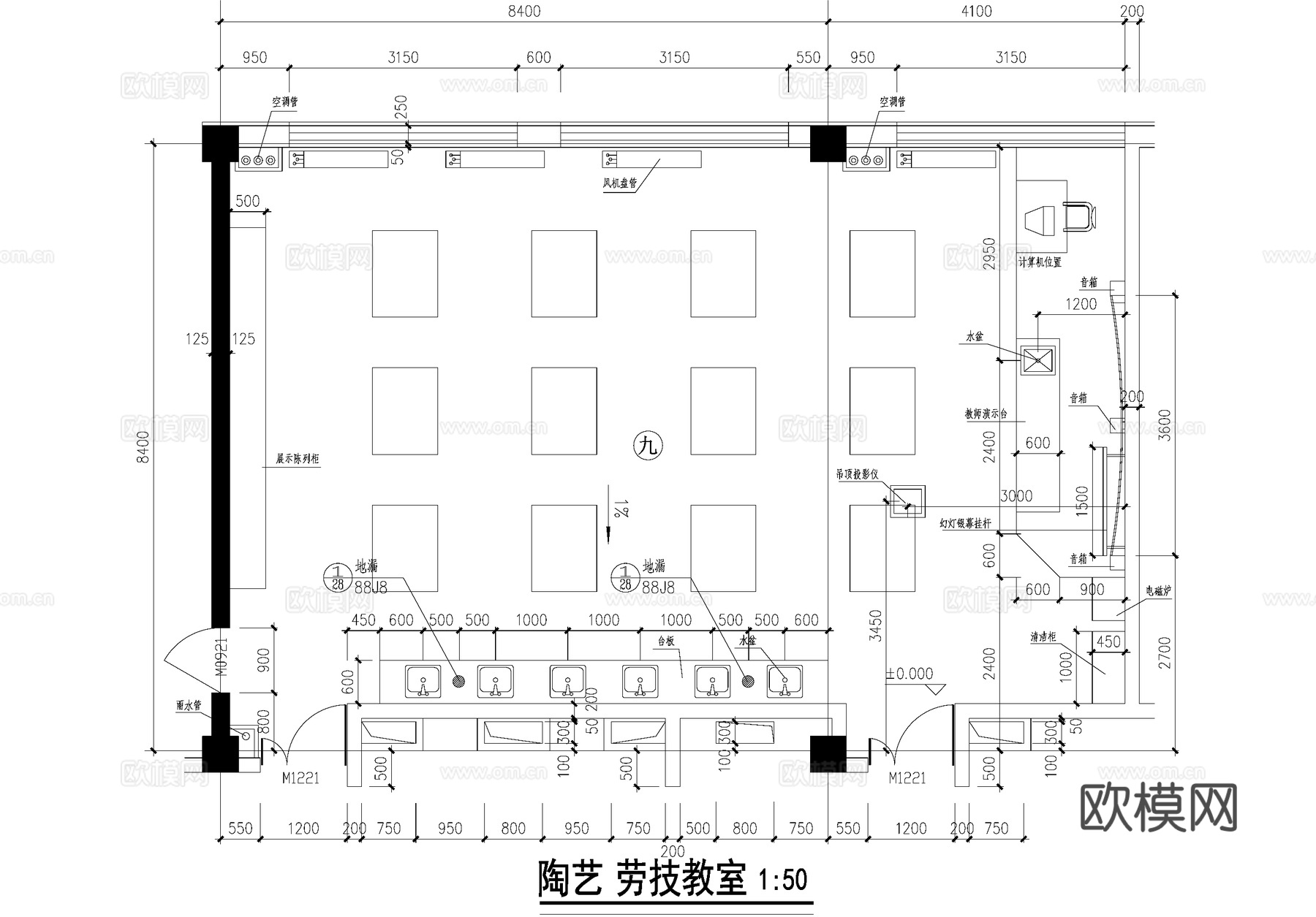 陶艺劳技教室课堂平面图 培训室cad施工图