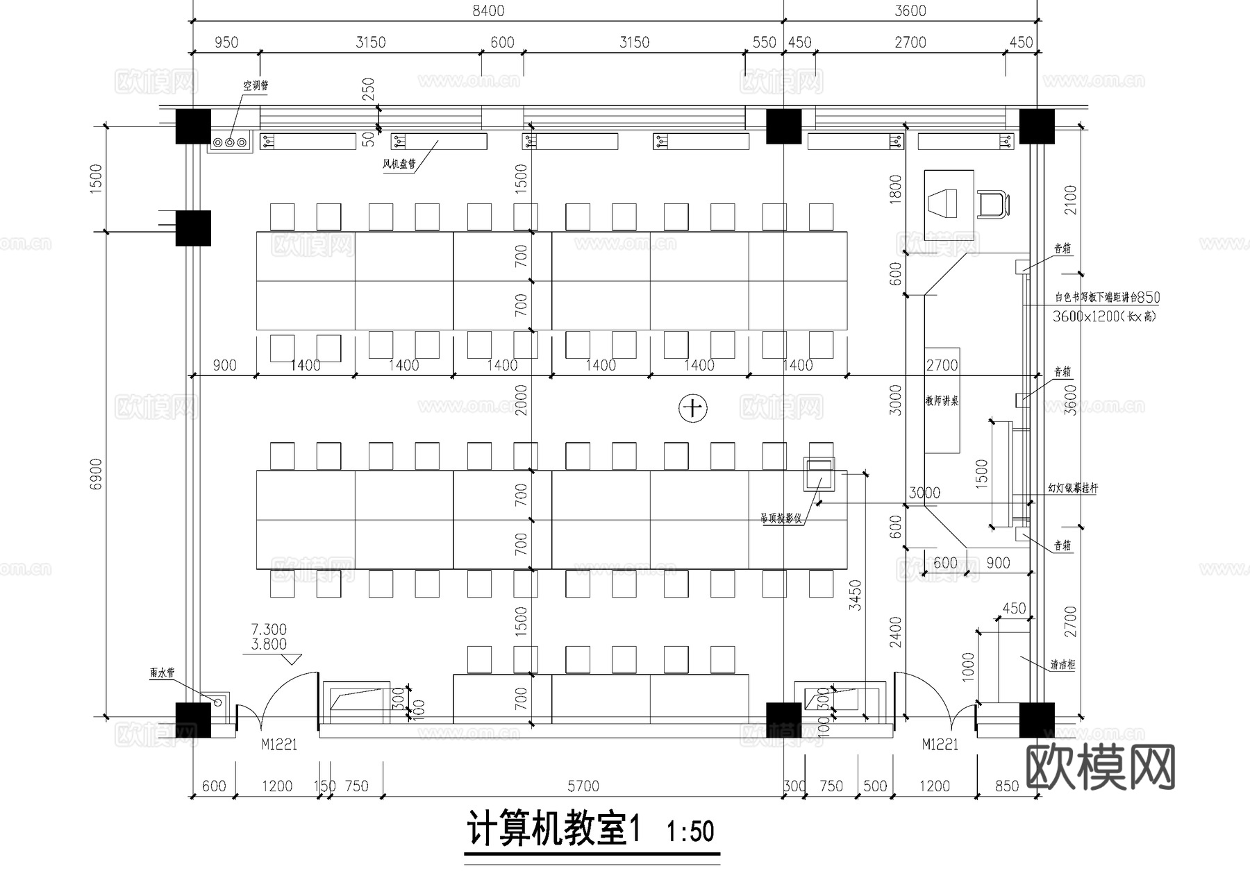 计算机教室机房课堂平面图 多功能培训室cad施工图