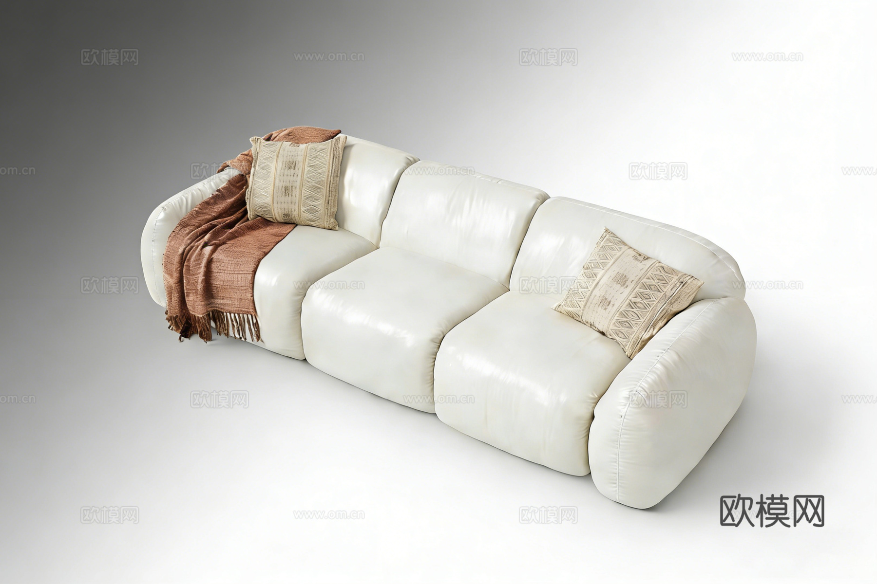 奶油风三人沙发 米白色皮革 配流苏毯几何抱枕 饱满坐垫云朵沙su模型