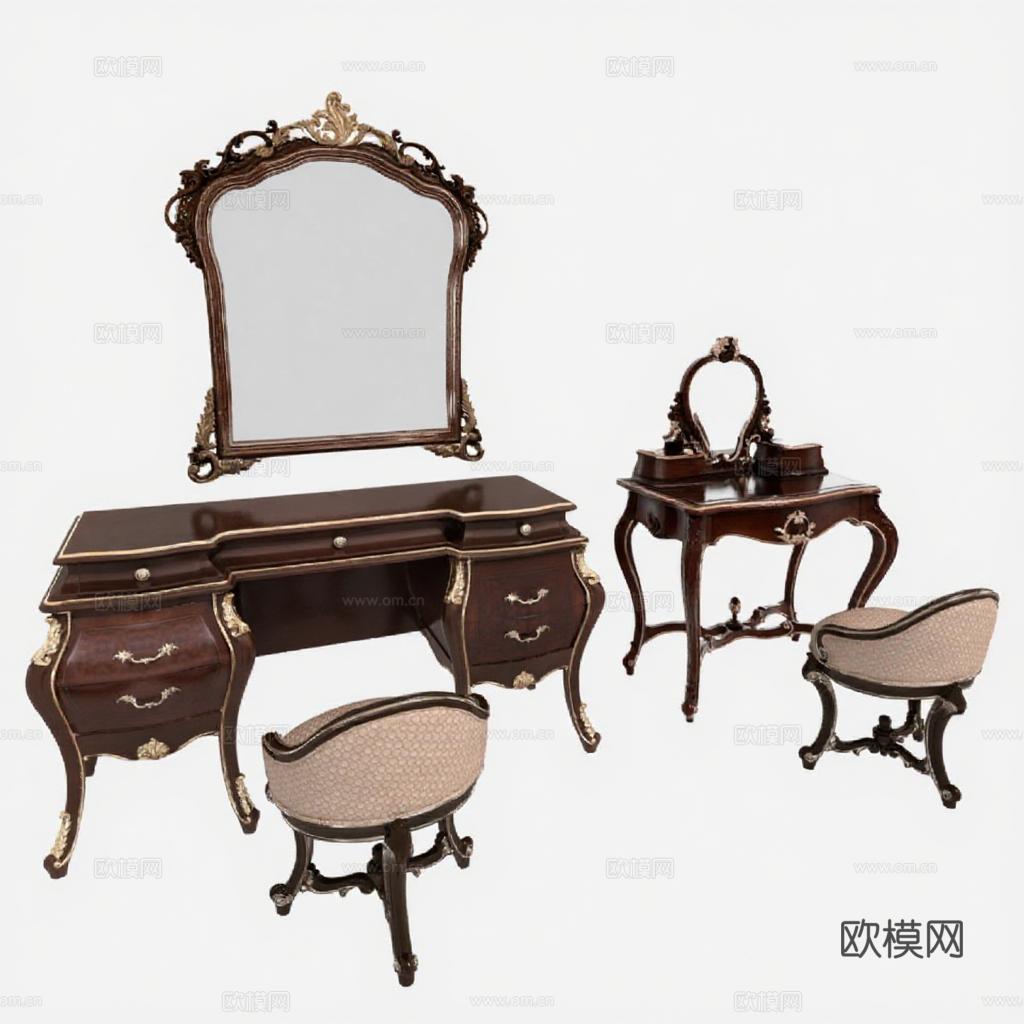 欧式古典梳妆台套装 实木雕花奢华家具组合 高端家居梳妆台桌椅套装 复古巴洛克风格室内装饰免费3d模型