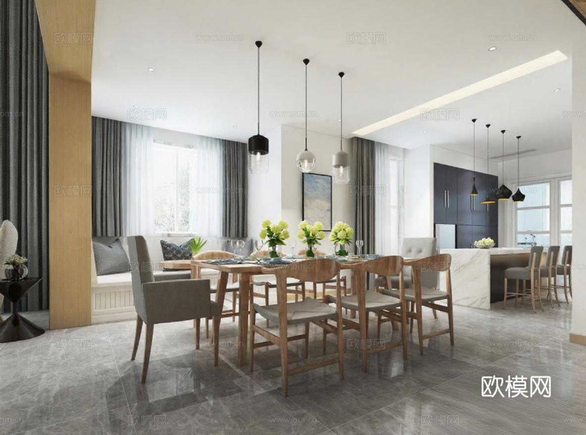 现代简约开放式厨房餐厅设计 原木轻奢家居装饰效果图 3D渲染室内空间布局免费3d模型下载