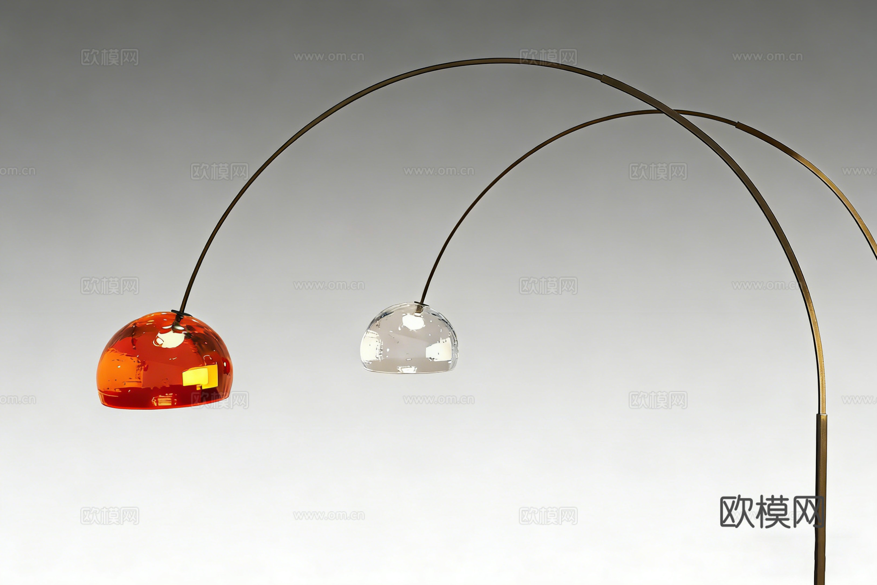 现代弧形双灯罩落地灯 橙红透明玻璃灯罩 金属支架 客厅氛围装su模型