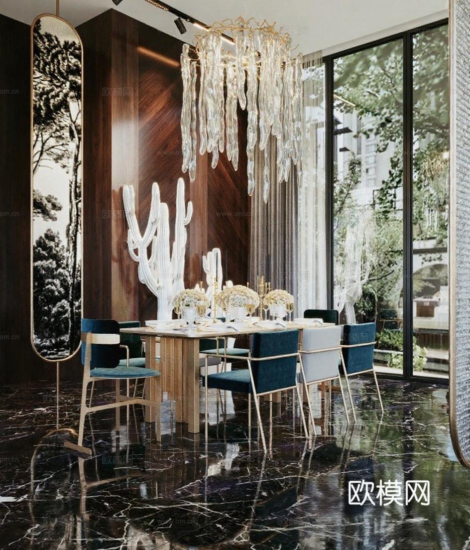 现代奢华餐厅设计 高端家居室内装饰 3D渲染艺术空间免费3d模型