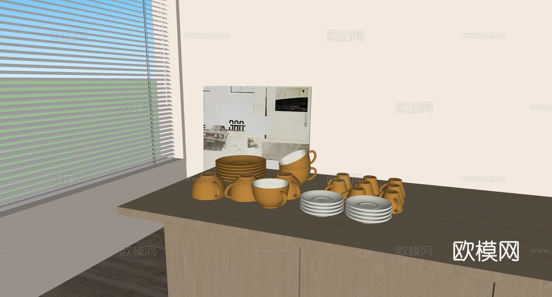 现代简约陶瓷杯碟 橙黄白色杯子餐盘 陶瓷餐具 静物组合场景道su模型