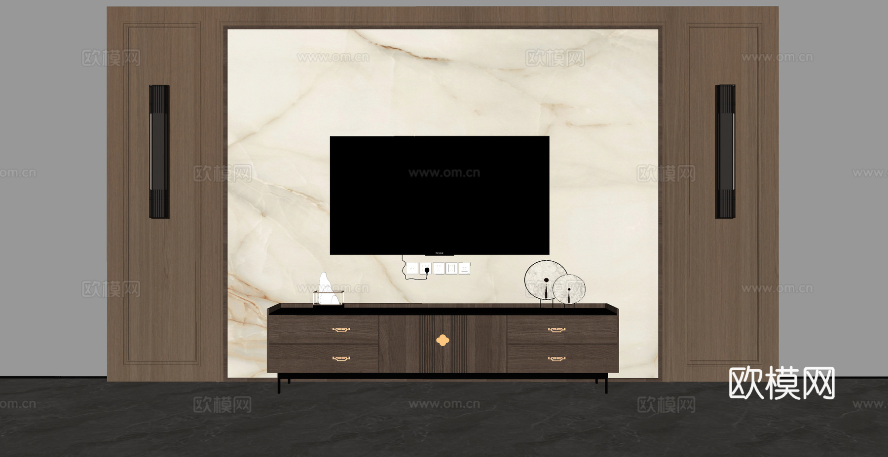 新中式电视柜 电视背景墙 屏风背景墙 饰品摆件su模型