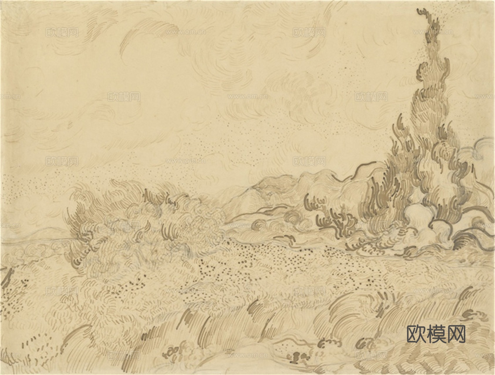 梵高后印象派素描绘画作品，现代世界经典名画625 梵高 Wh