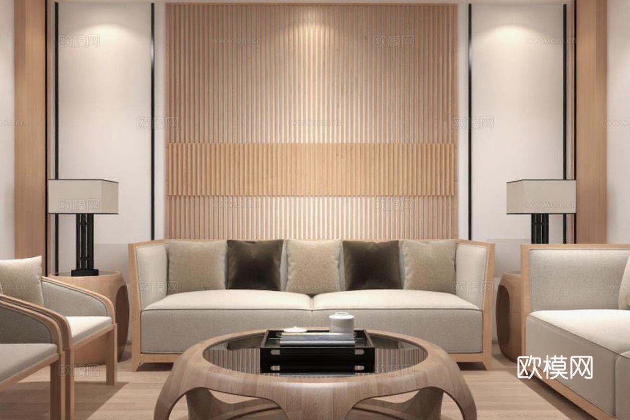 现代简约客厅设计 原木家具自然温馨风格 3D渲染家居效果图 对称布局会客空间免费3d模型下载