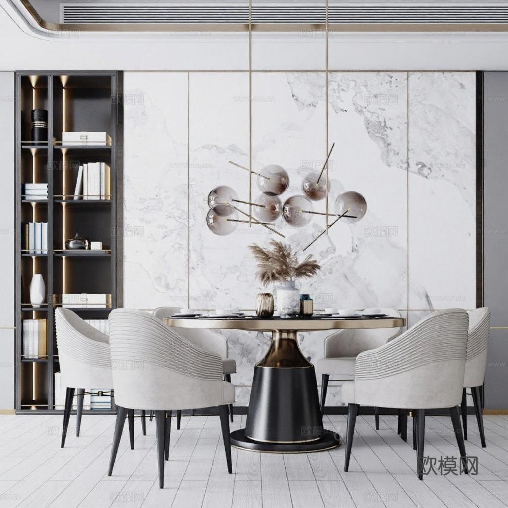 现代轻奢餐厅设计 高端家具3D渲染效果图 极简主义家居装饰免费3d模型