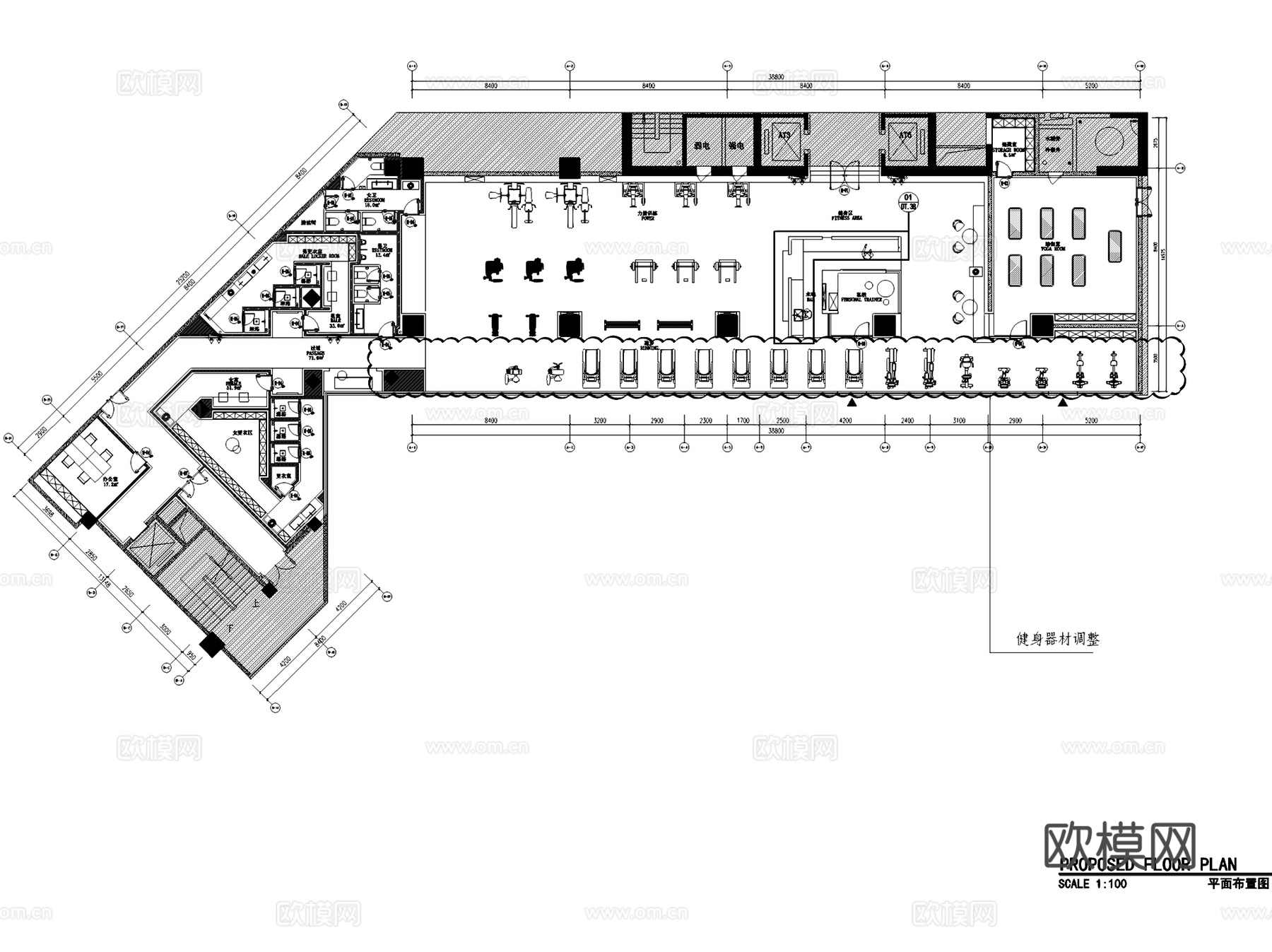 临沂奥正诚园健身房室内工装CAD施工图cad施工图