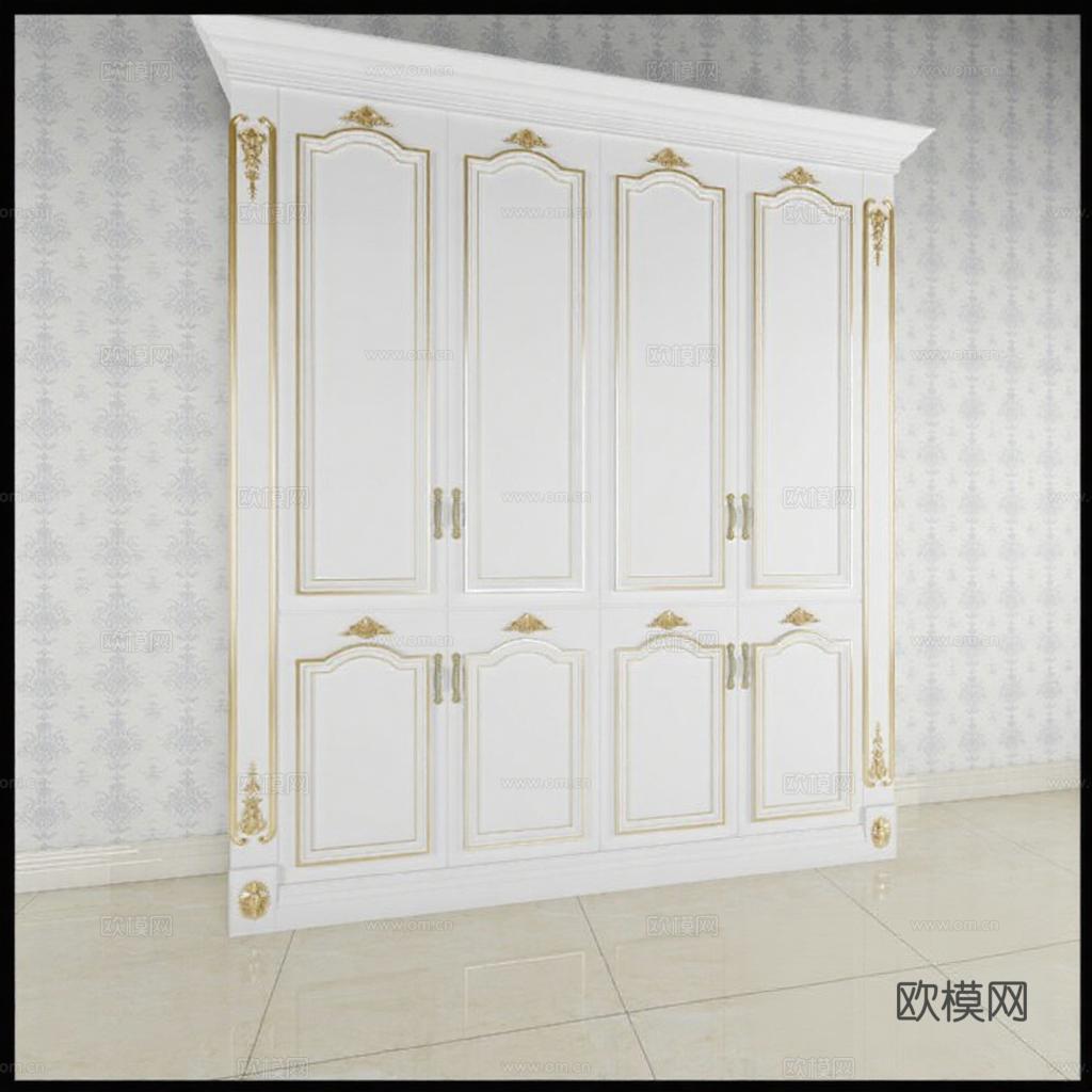 古典欧式白色衣柜金色装饰 高端家居室内设计3D模型 定制衣柜展示效果图 轻奢卧室对称柜体设计 浅灰墙纸米色瓷砖背景免费3d模型下载