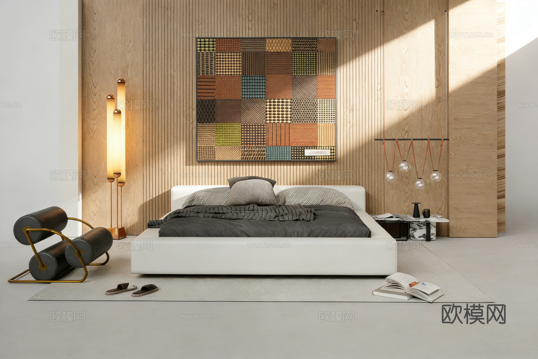 现代简约主卧双人床 白色皮质双人床 木质竖条纹背景墙 拼布画su模型