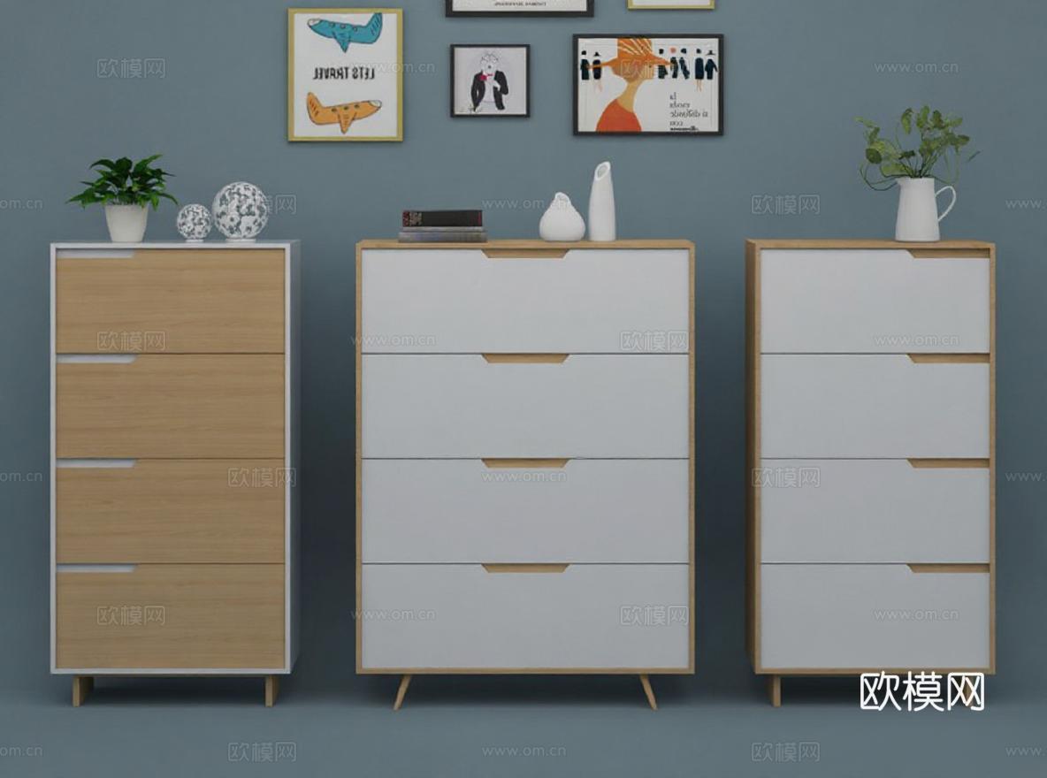抽屉柜收纳装饰 原木色白色简约现代家居 绿植摆件装饰画灰蓝背景墙免费3d模型