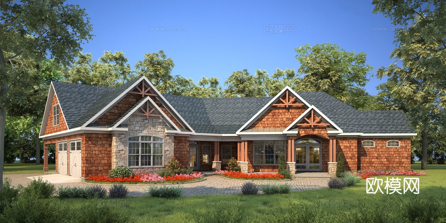 欧式别墅外观全模场景3d模型下载（渲染图2）