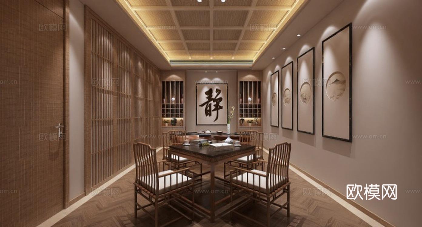 中式茶室高端会客室设计 禅意静谧空间装修 竹木格栅吊顶装饰艺术免费3d模型下载