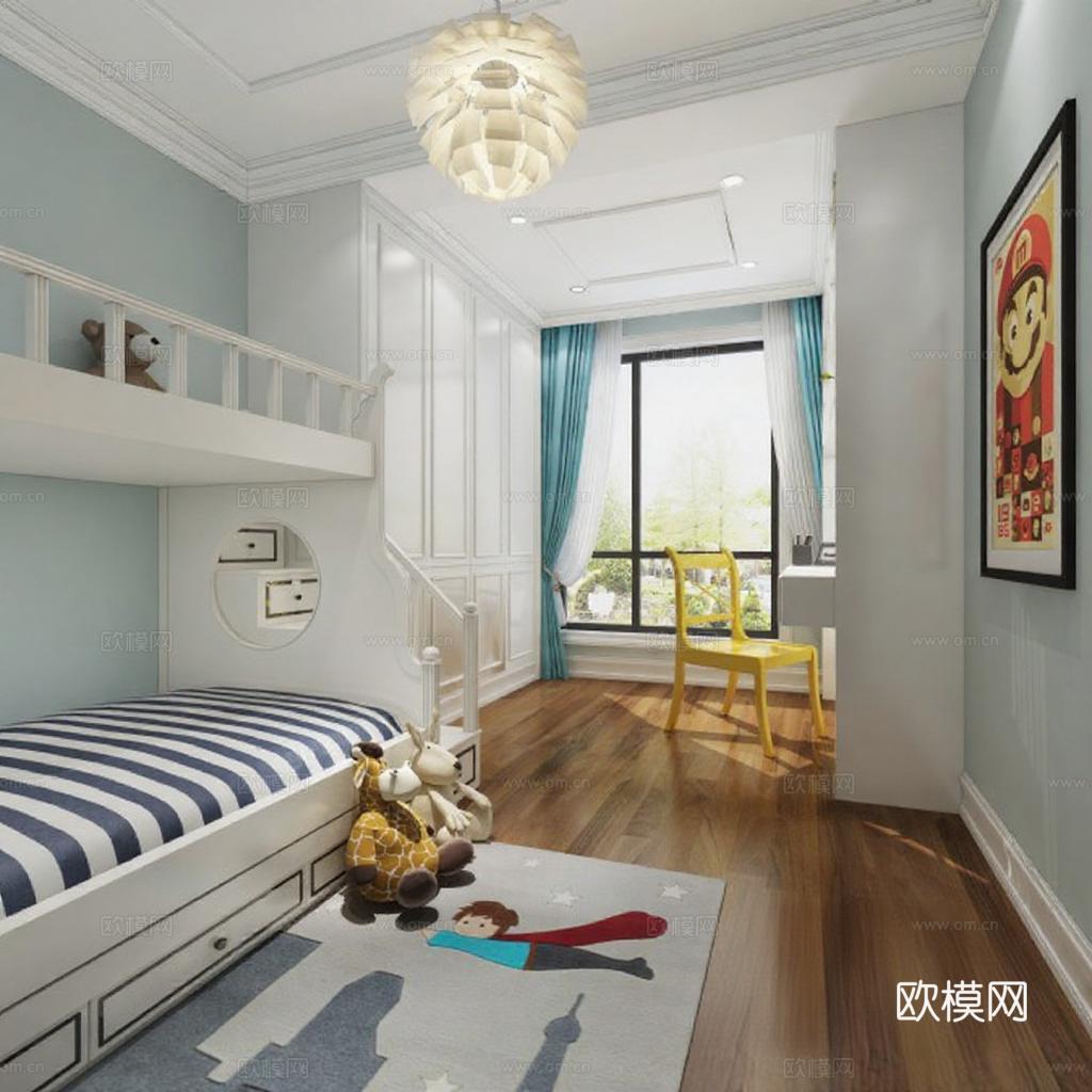 北欧风儿童房设计 浅蓝白色调双层床卧室 3D渲染家居装饰案例免费3d模型下载