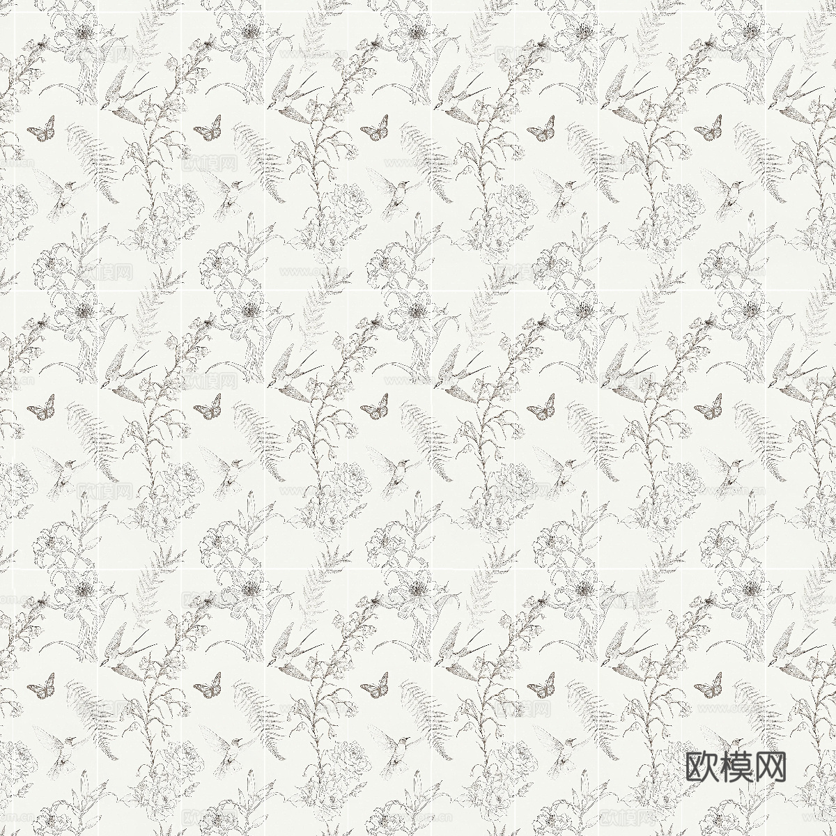 无缝小法中古花鸟柔光砖贴图