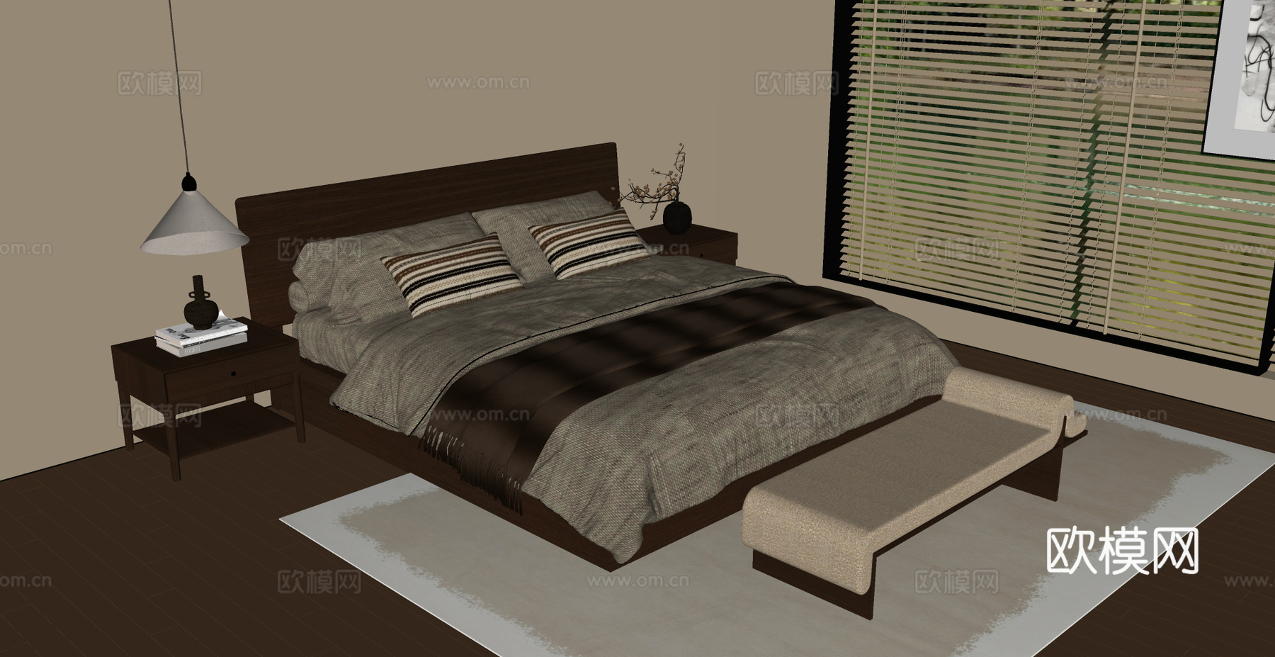 宋式双人床 木制床 床头柜 床头柜摆件su模型
