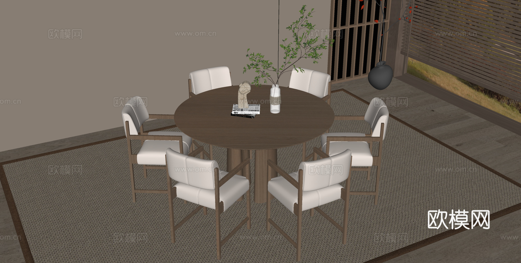 宋式餐桌椅组合 圆形餐桌 木制餐桌su模型